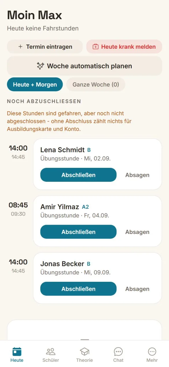 Tagesansicht eines Fahrlehrers mit den heutigen Fahrstunden