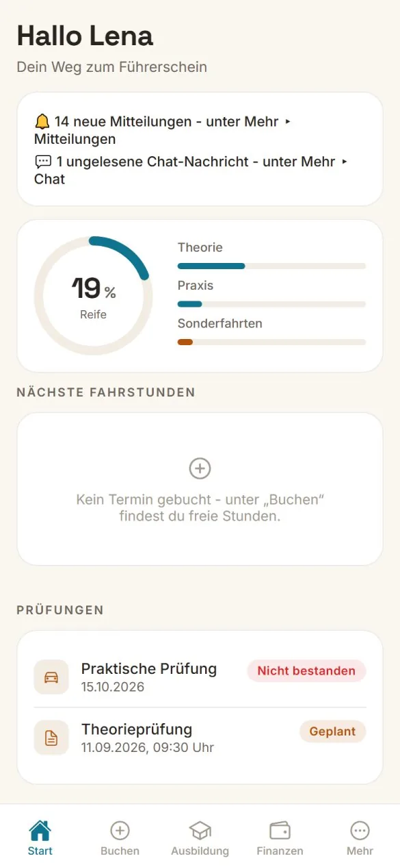 DriverVision Startbildschirm eines Fahrschülers
