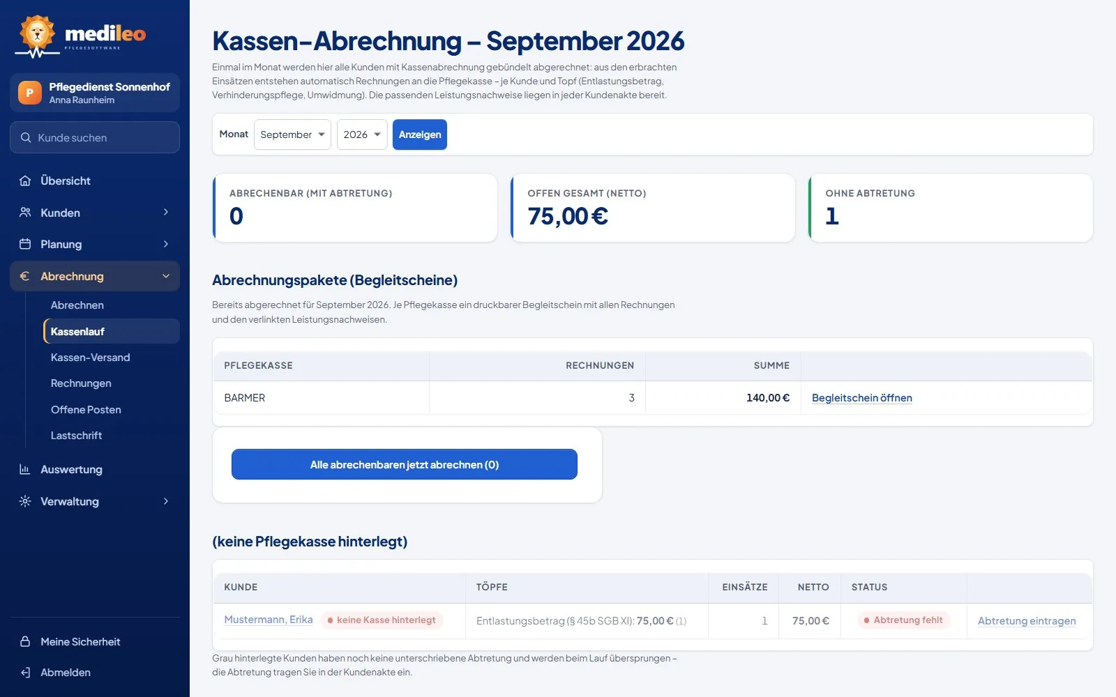 MediLeo Kassenabrechnung: Monatslauf mit Budget-Töpfen