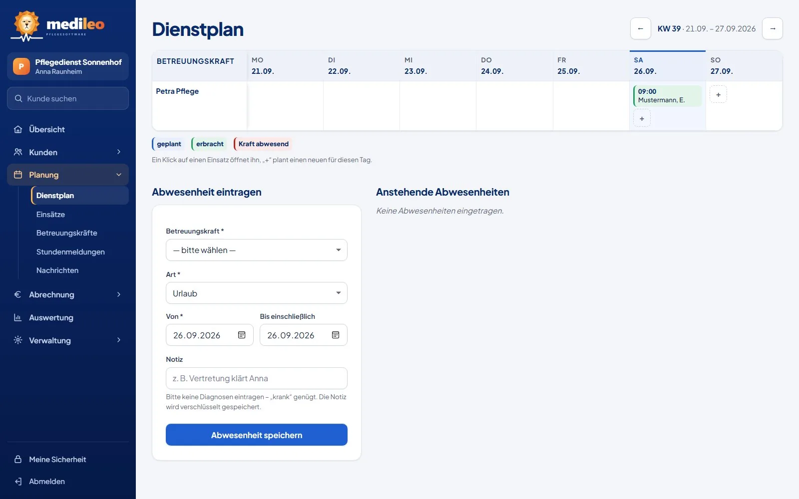 MediLeo Dienstplan: Wochenansicht mit Abwesenheiten