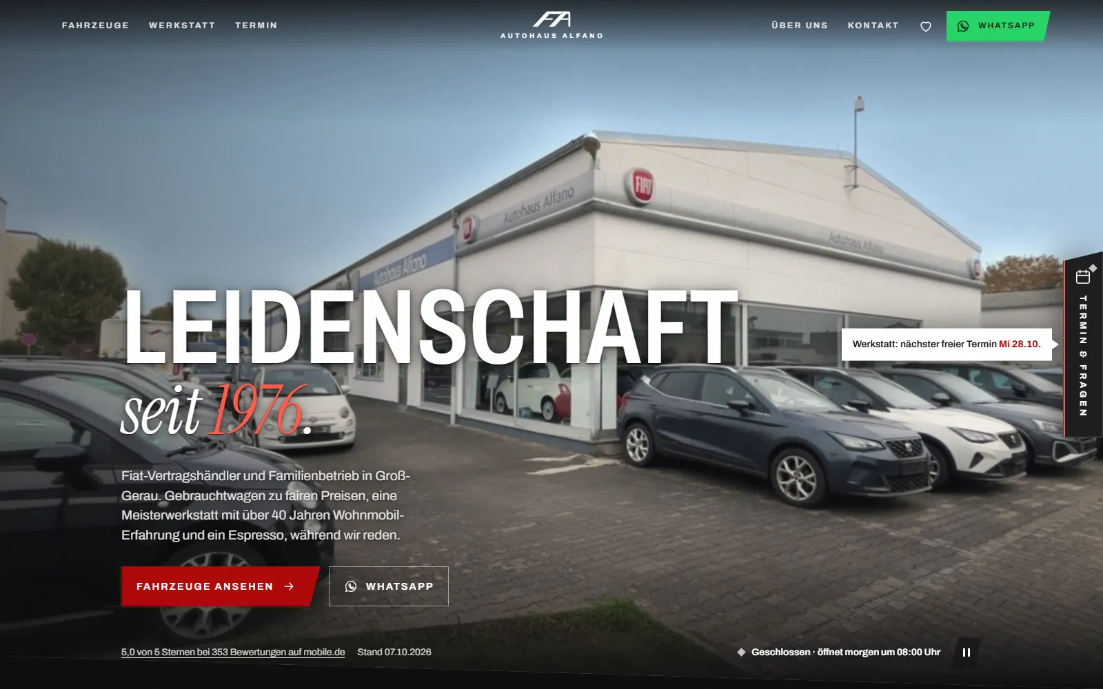 Startseite des Autohaus Alfano in Groß-Gerau mit Video vom Autohaus und der Überschrift Leidenschaft seit 1976